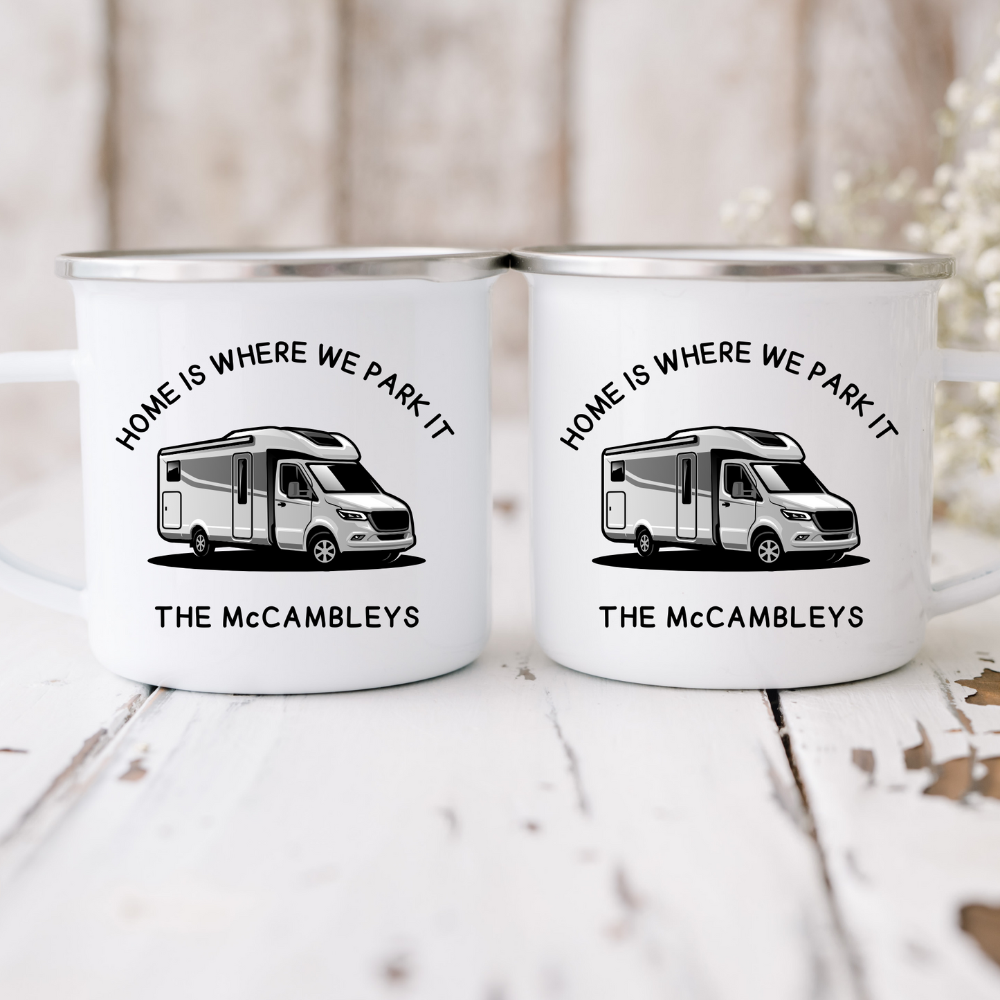 Set of 2 - Home is Where We Park It 12oz Enamel RV Campervan Mug