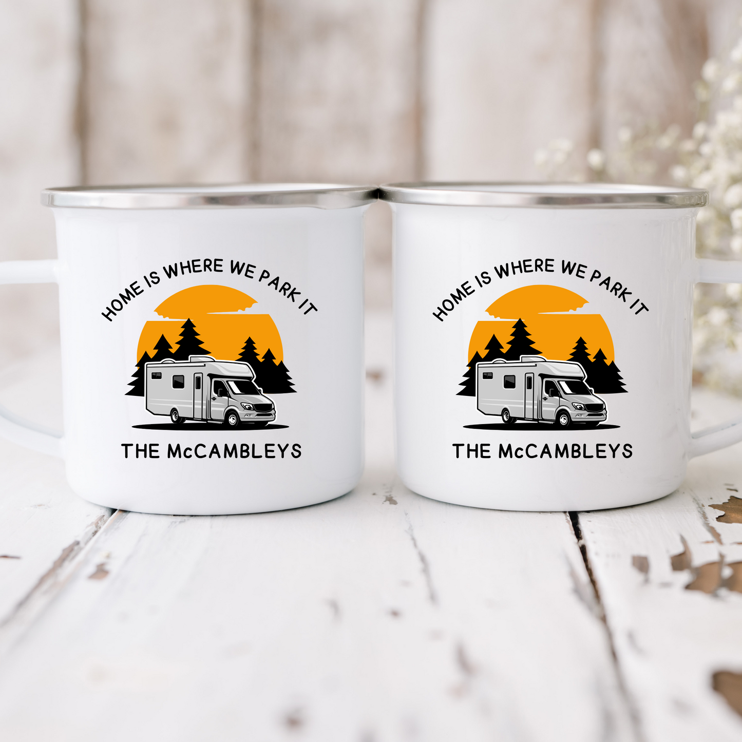 Set of 2 - Home is Where We Park It 12oz Enamel RV Campervan Mug