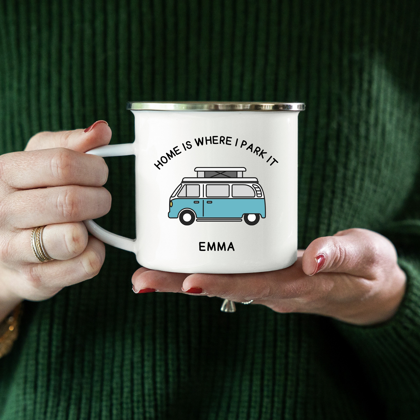 Personalised -Home is Where I Park It 12oz Enamel Volkswagen Campervan Mug