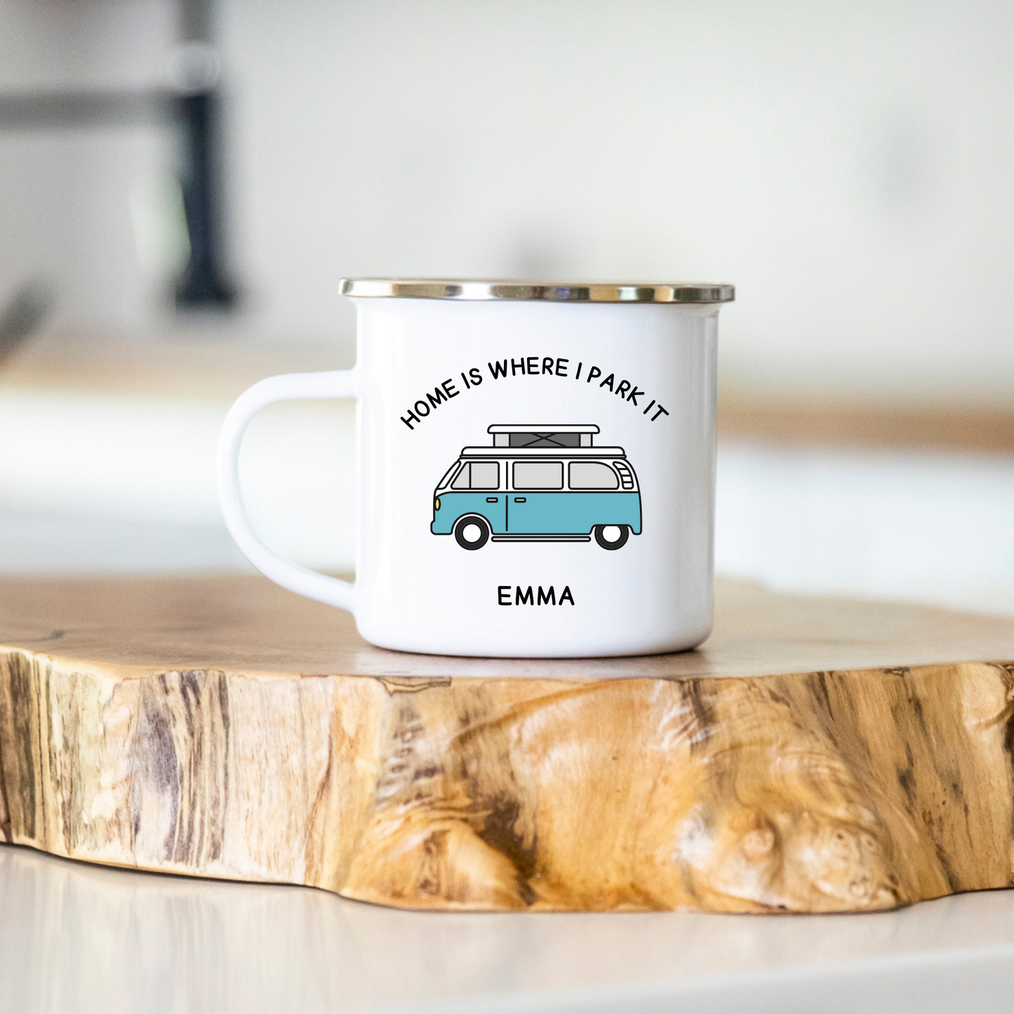 Personalised -Home is Where I Park It 12oz Enamel Volkswagen Campervan Mug
