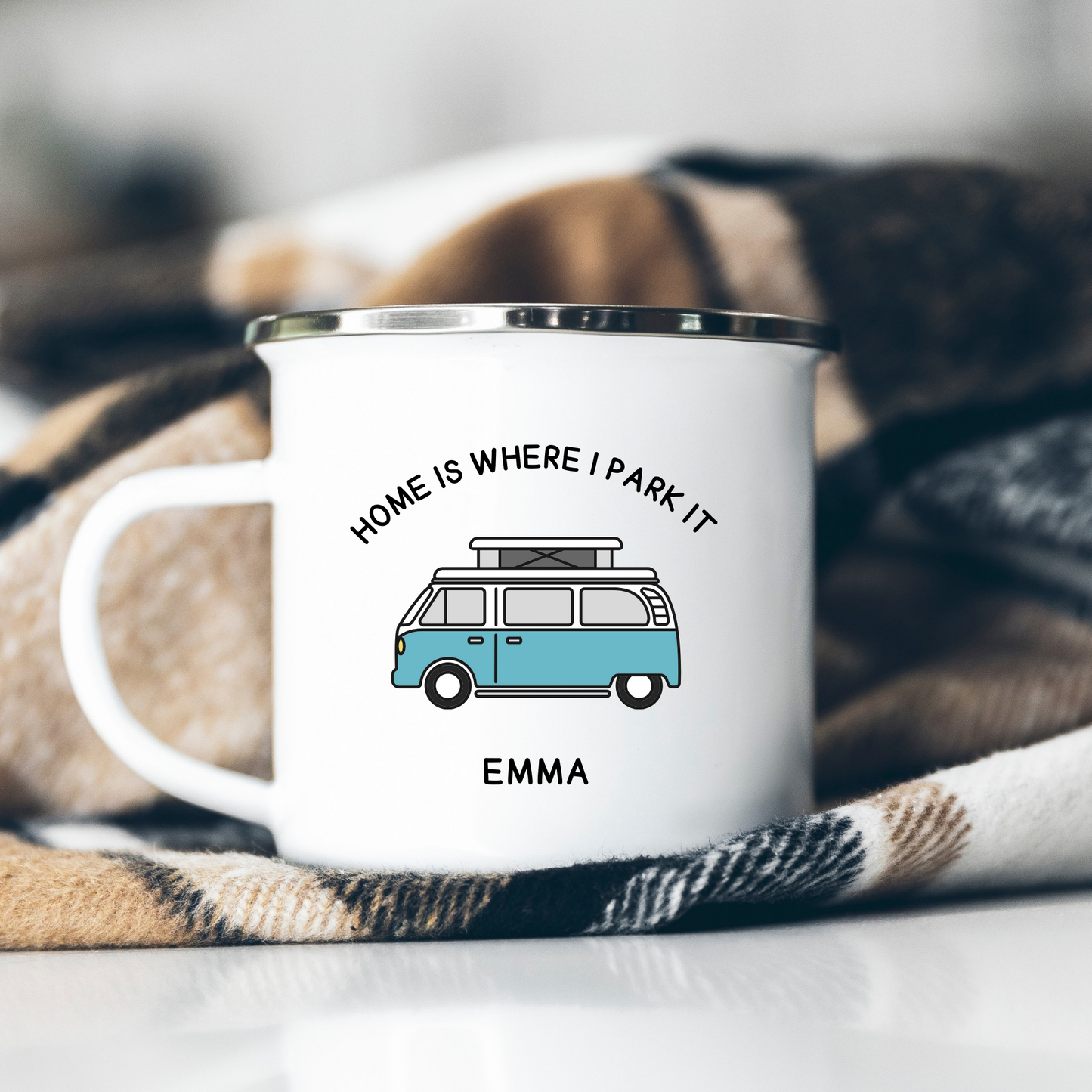 Personalised -Home is Where I Park It 12oz Enamel Volkswagen Campervan Mug