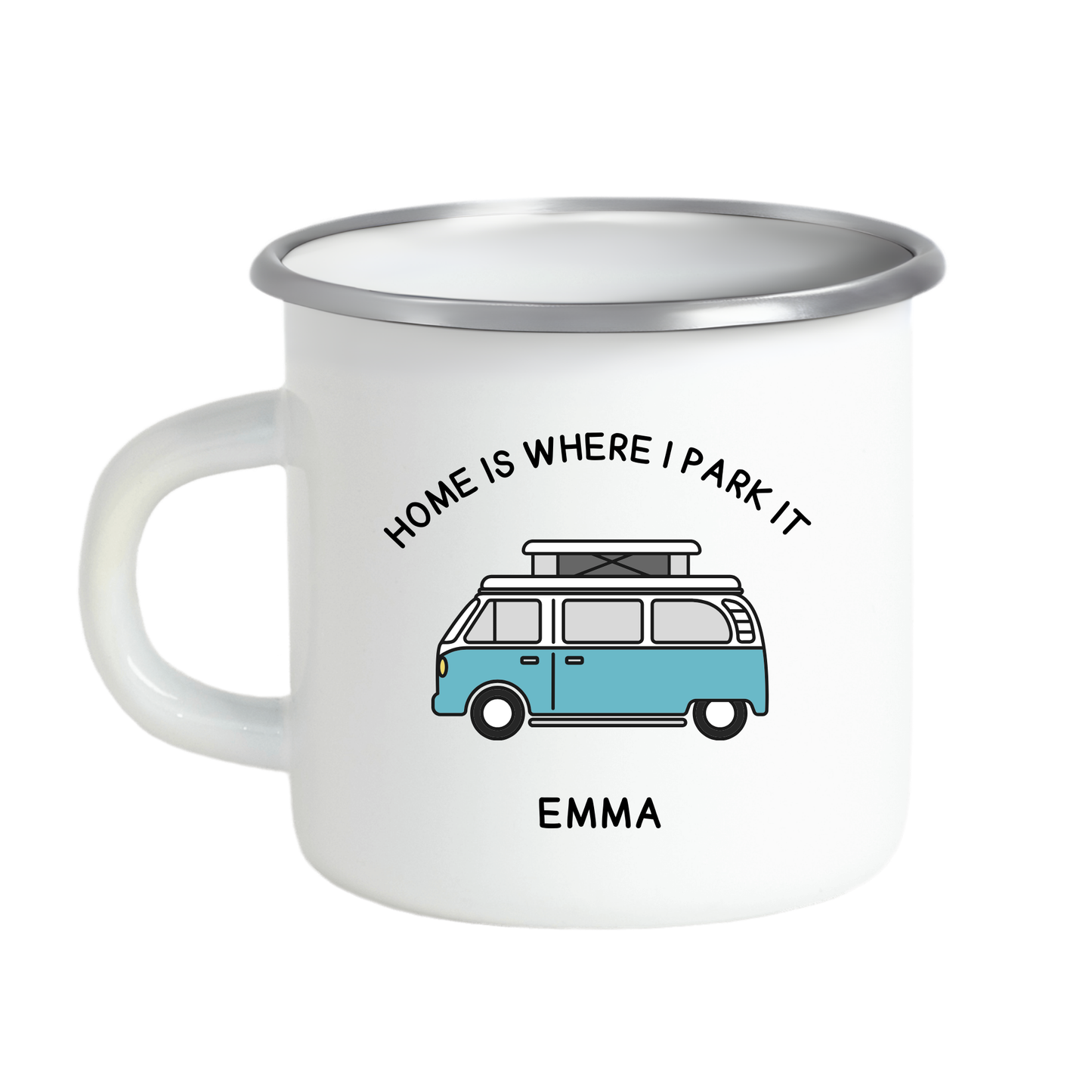 Personalised -Home is Where I Park It 12oz Enamel Volkswagen Campervan Mug
