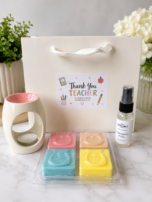 Thank You Teacher Home Fragrance Gift Set – Wax Melt Burner, 4 Scented Wax Melts & Room Spray